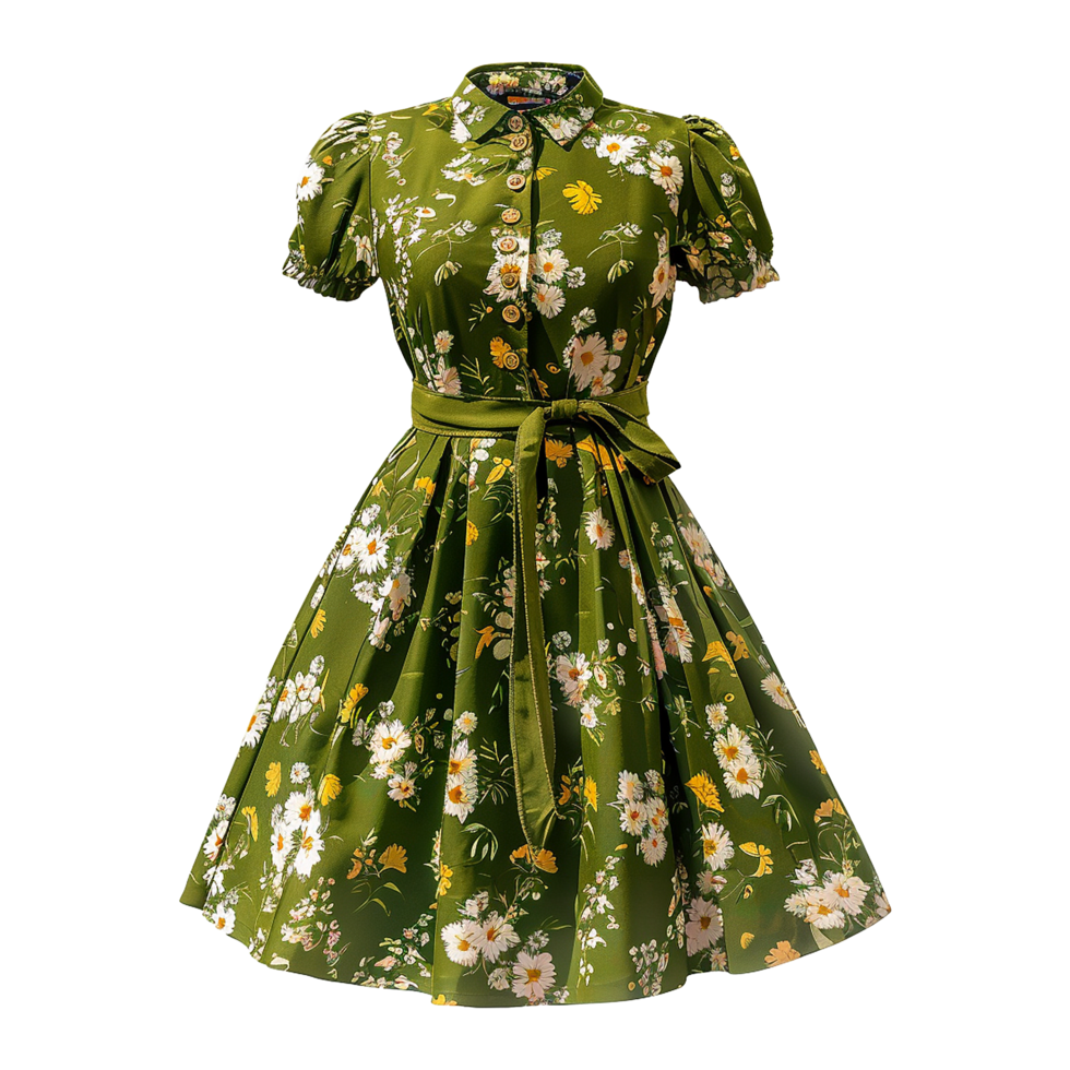 AI generated Floral patterned retro green dress isolated on transparent background png
