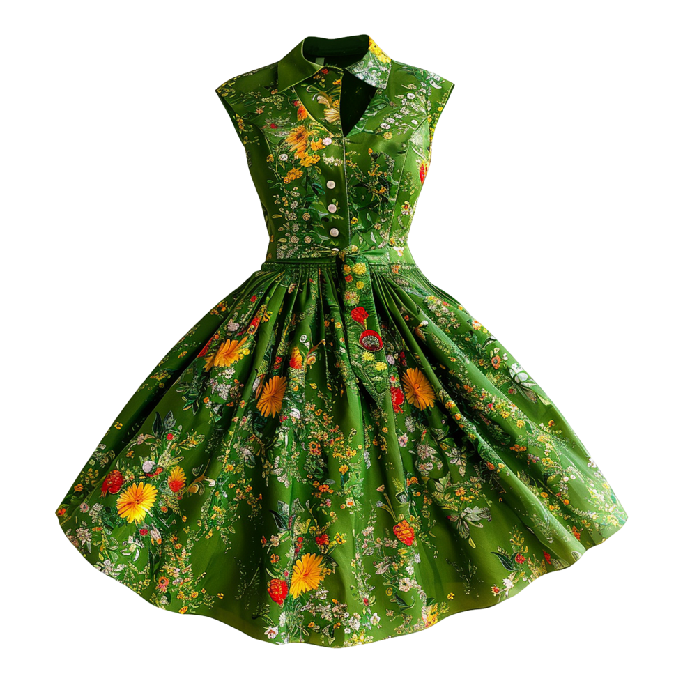 AI generated Floral patterned retro green dress isolated on transparent background png