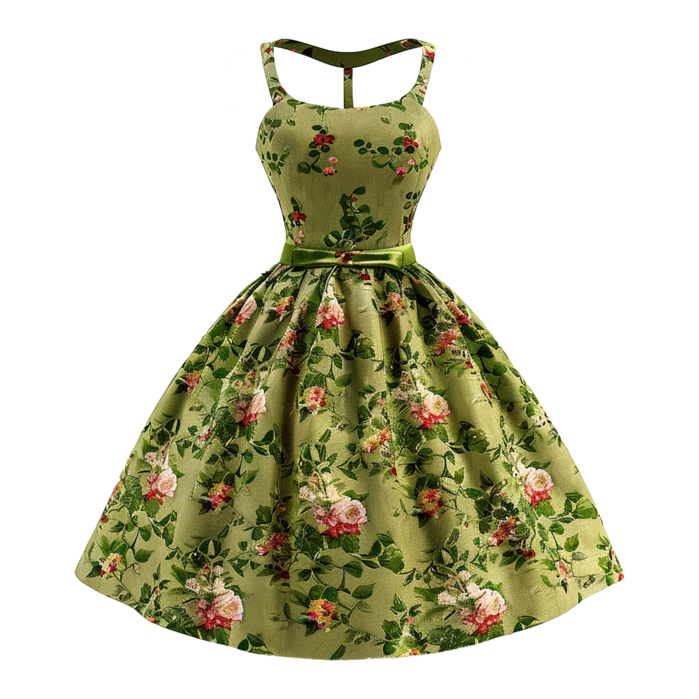 AI generated Floral patterned retro green dress isolated on transparent background png