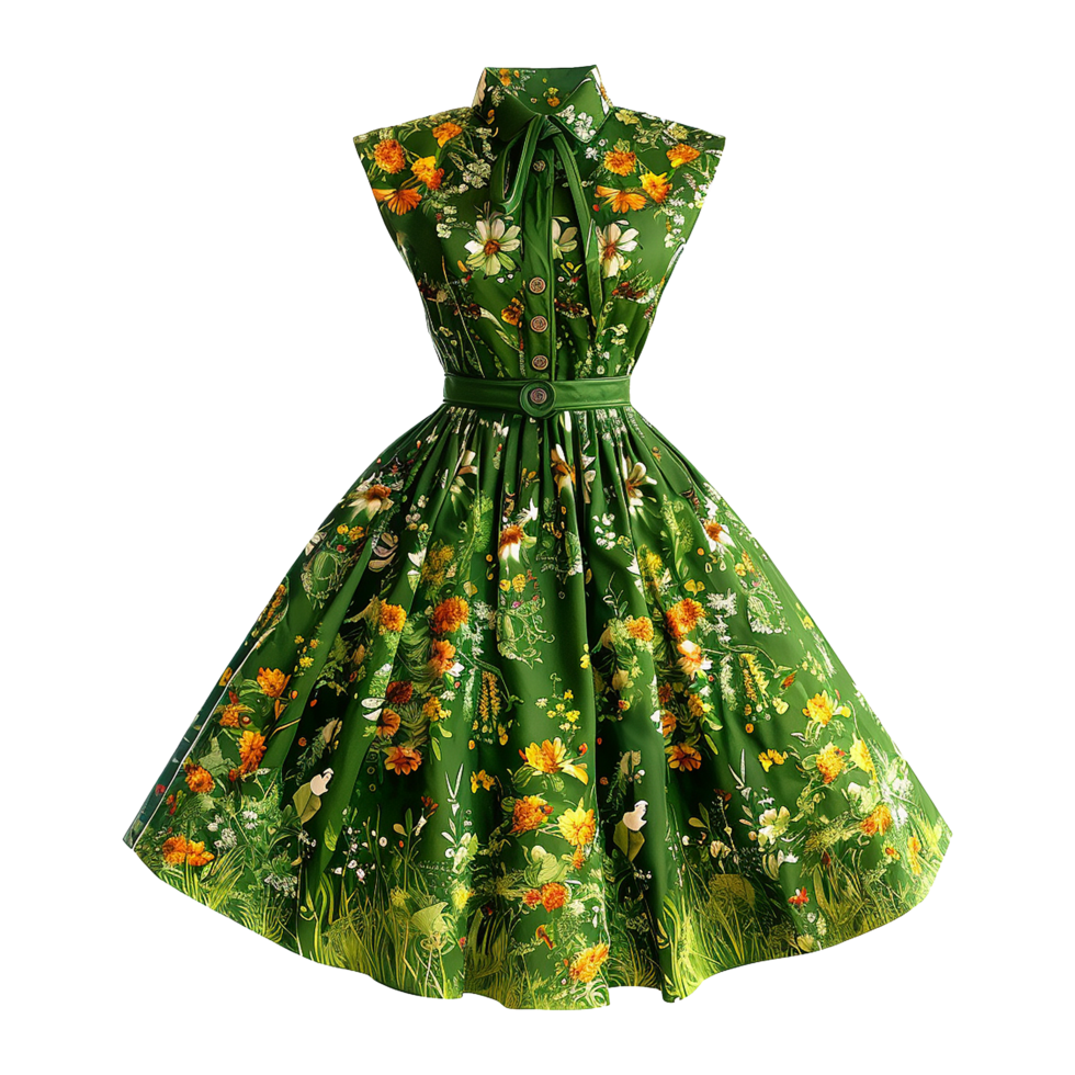 AI generated Floral patterned retro green dress isolated on transparent background png