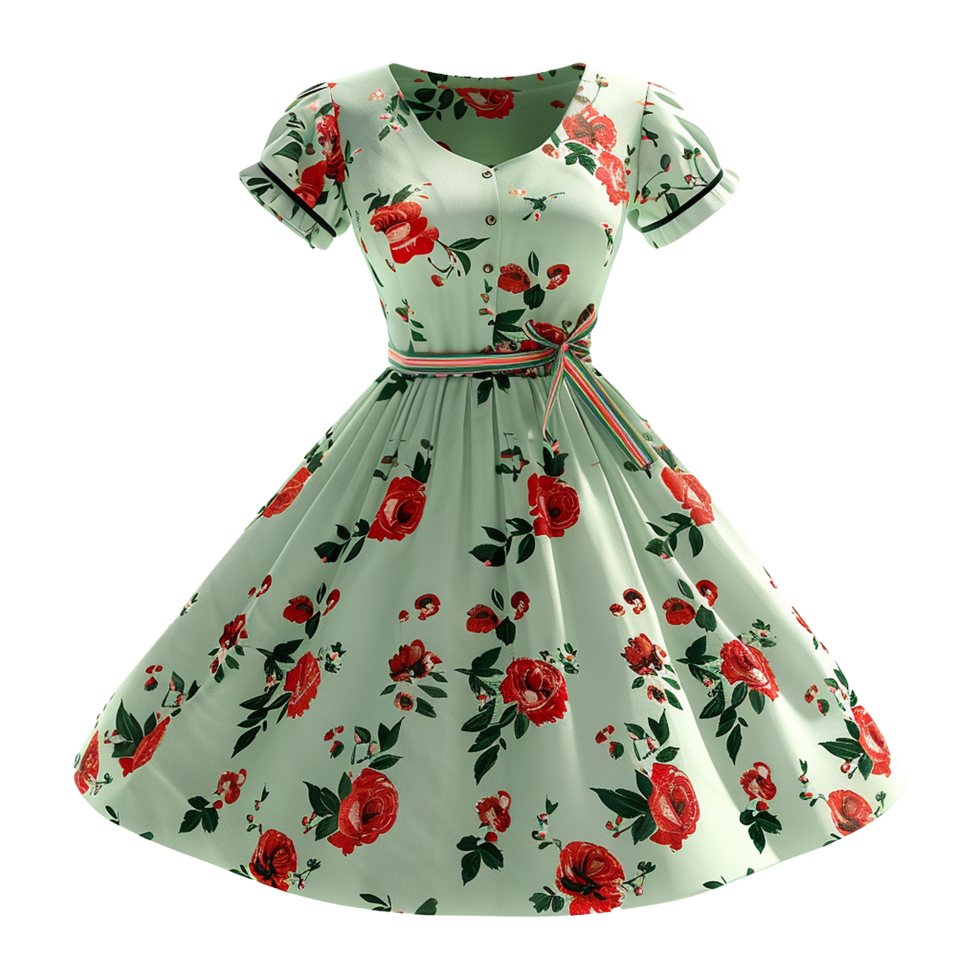 AI generated Floral patterned retro green dress isolated on transparent background png