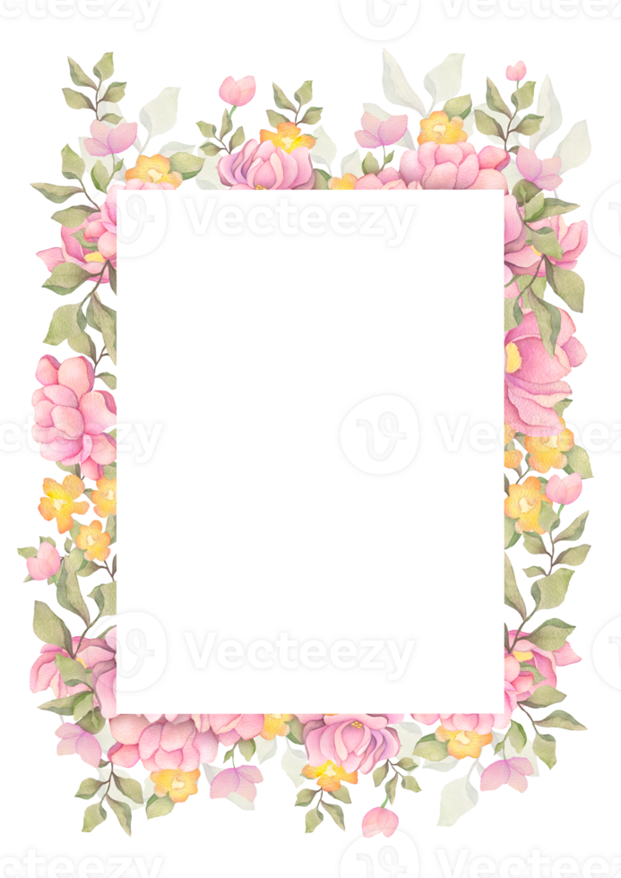 Watercolor floral frame, border. hand drawn illustration with flowers, rose, peony, leaf branches composition. Wedding invites, wallpapers, fashion pattern with copy space png