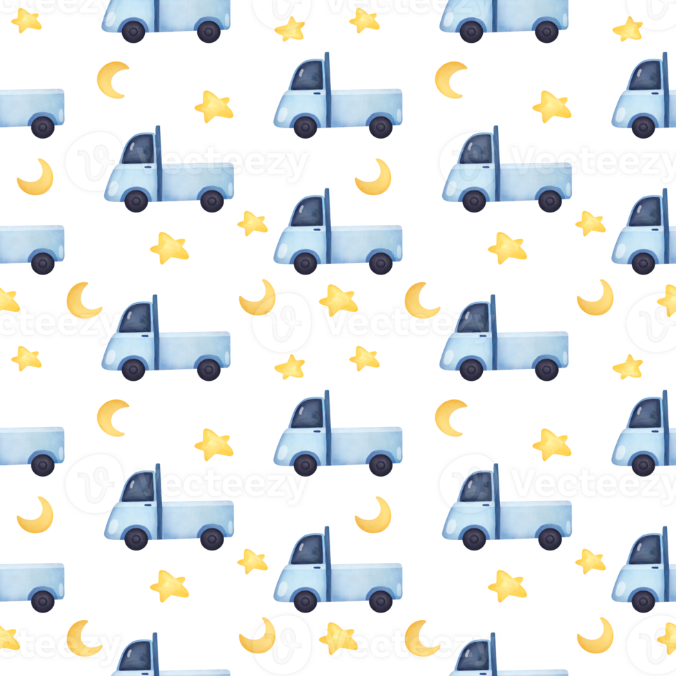 cute watercolor childish seamless pattern with blue cars, stars, trucks on transparent background for kids textile, clothes, designs, birthday wrapping paper png