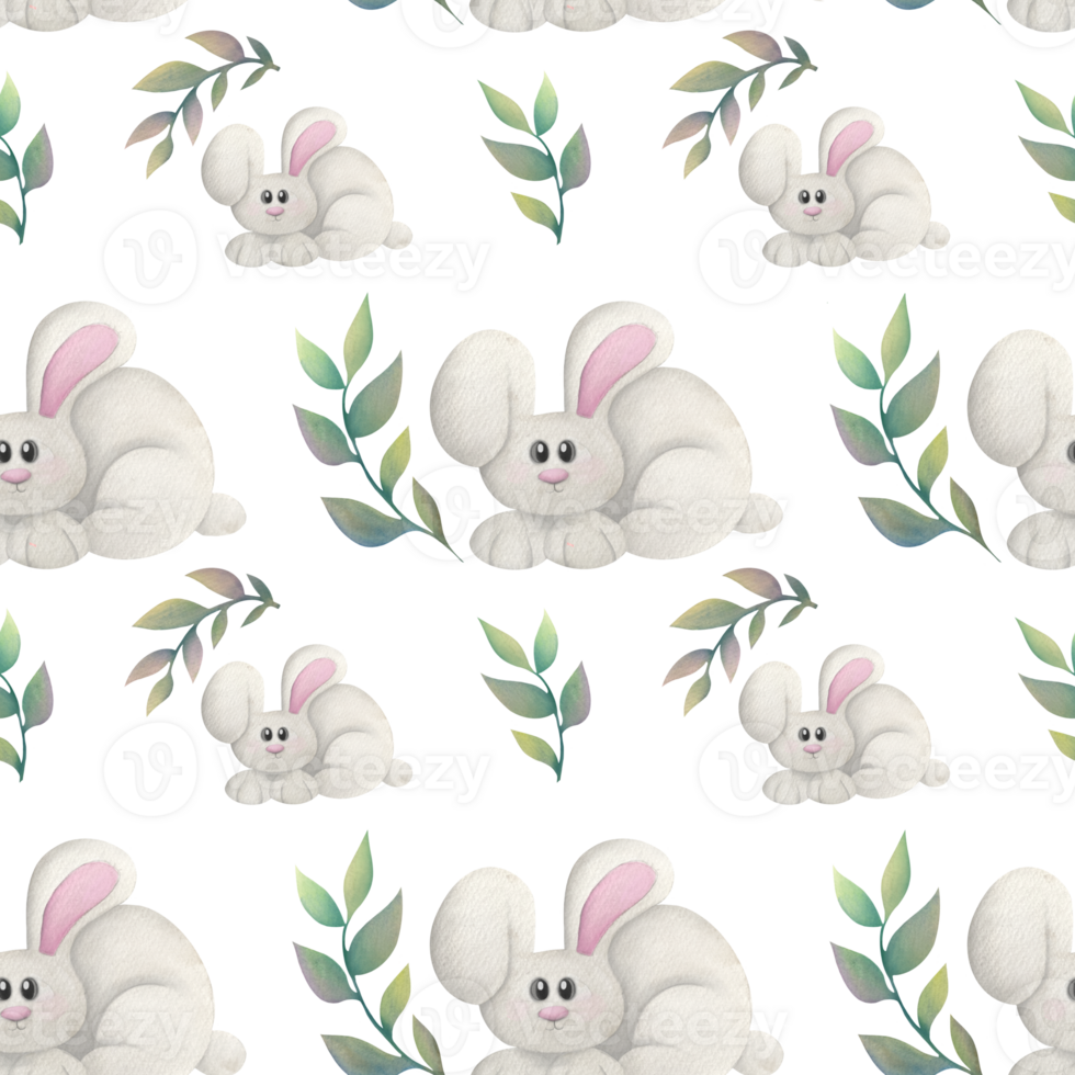 cute watercolor childish seamless pattern with funny rabbit, tree branches on transparent background. gentle Wallpaper print with forest animal, plants for nursery png