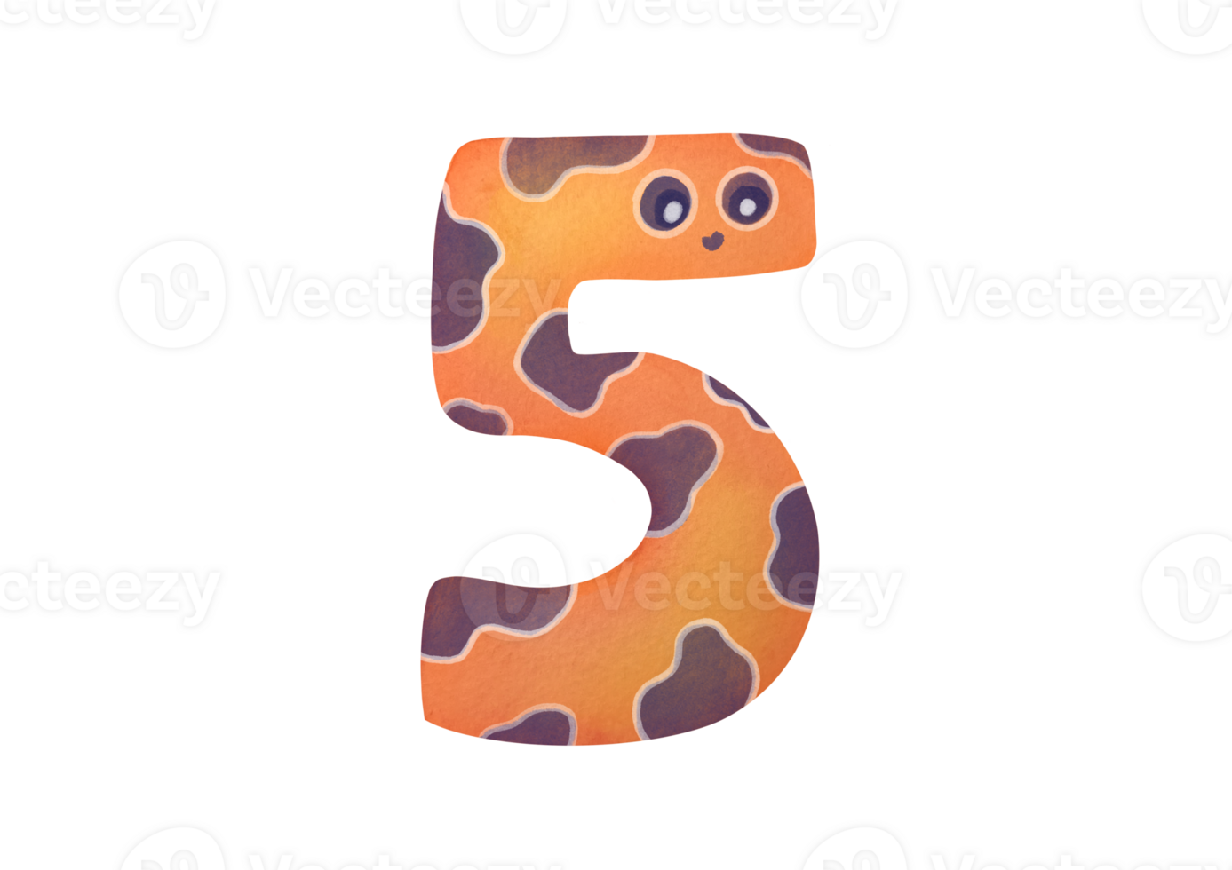 Watercolor number 5. digit five, Figures with eyes that look like fantastic living creatures. clipart cute symbols of children age for happy birthday cards. Learning numeracy, mathematics. clipart png