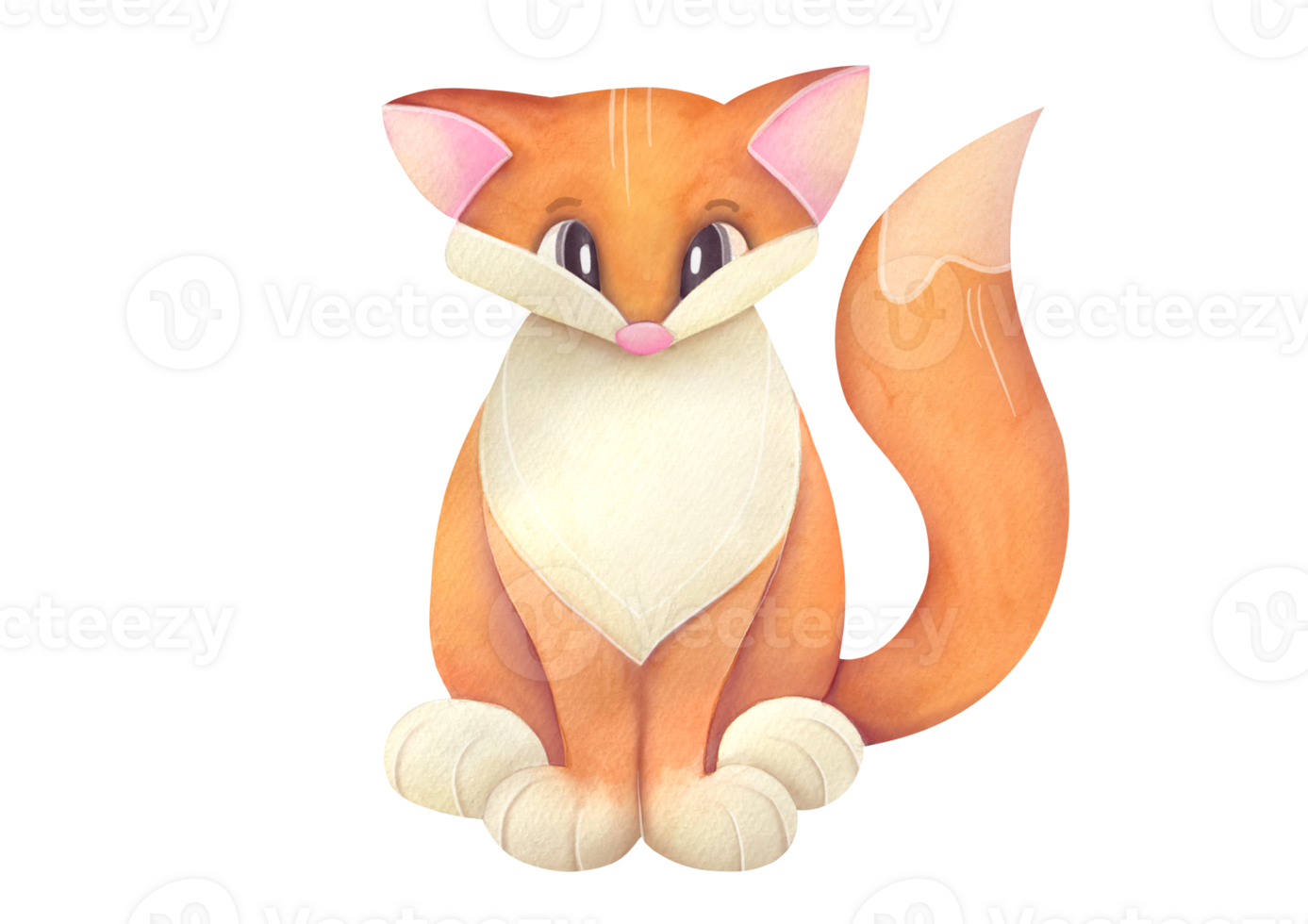 cute Watercolor red fox with big fluffy tail sitting. Woodland Wildlife furry forest animal. funny illustration for kids. clipart and cut out element isolated on transparent background png