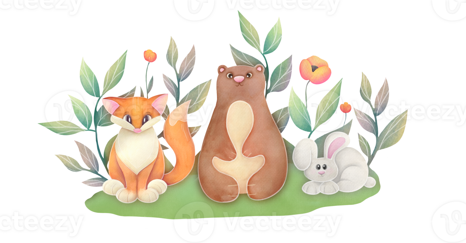 cute watercolor forest Woodland animals on background of flowers, green twigs. isolated clipart and cut out childish illustration for greeting cards, border frame banners png