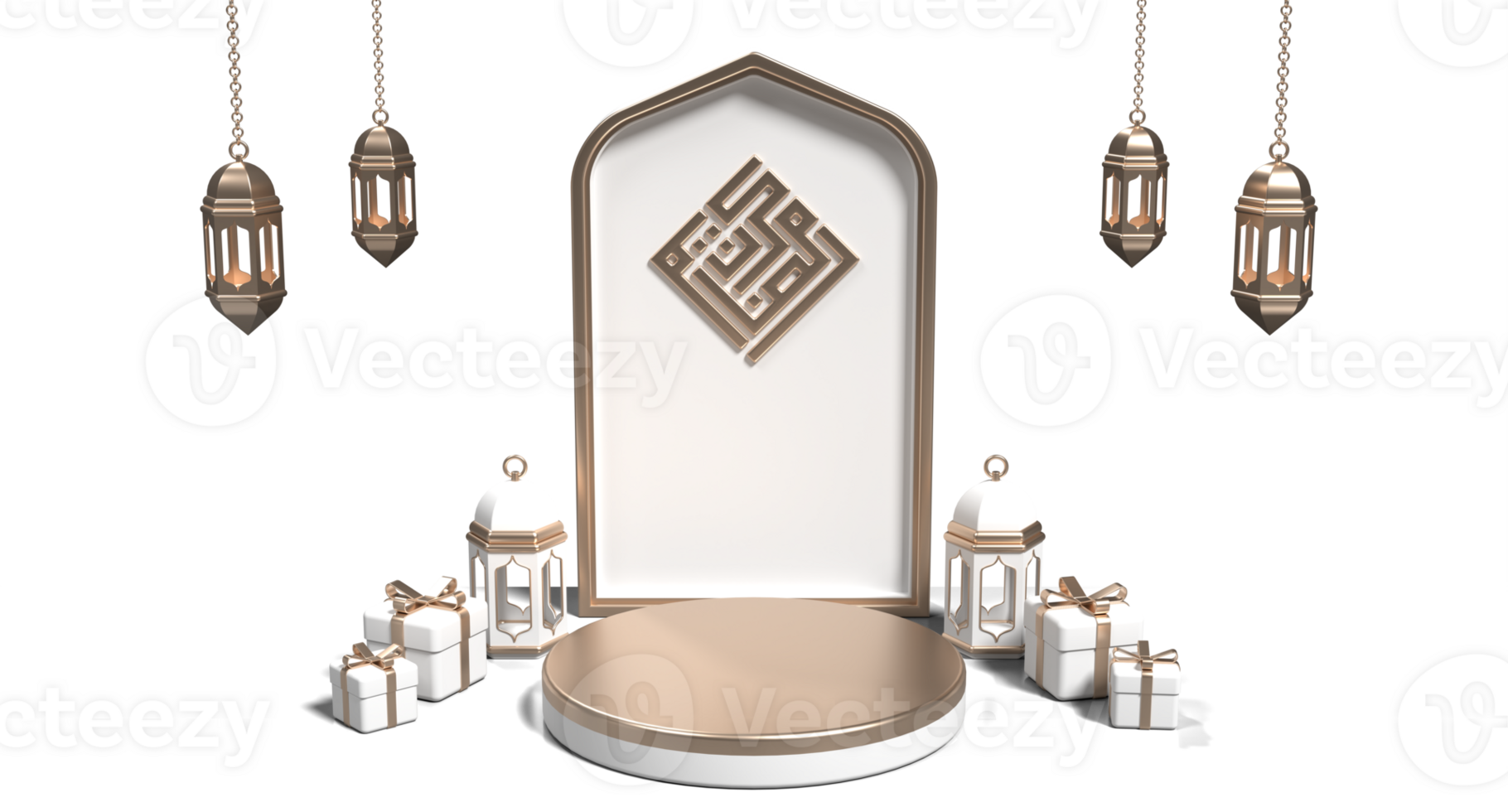 Luxus Ramadan 3d Podium Dekoration mit Laterne und Geschenk Boxen. islamisch Anzeige Podium Dekoration. Konzept von islamisch Feier. 3d Rendern png