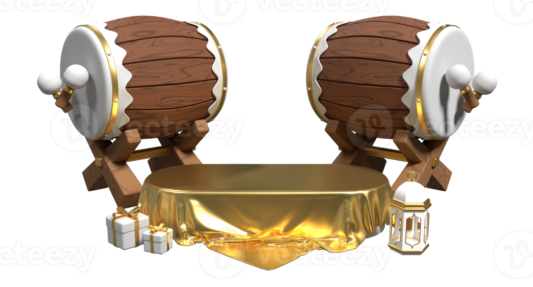 3D illustration of ramadan kareem with empty podium, traditional drum, arabic lantern, and gift box. 3D rendering png