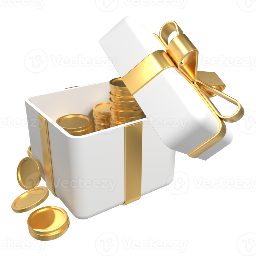 3D open gift box with golden coins and ribbon. Money prize reward. Earn point and get rewards. 3D rendering png