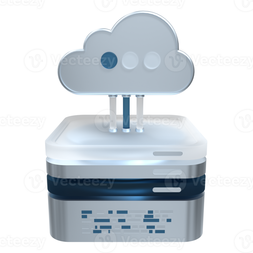 wolk berekenen technologie. wolk gegevens centrum met hosting server. wolk onderhoud 3d weergave. netwerk en databank. wolk opslag. 3d geven illustratie png