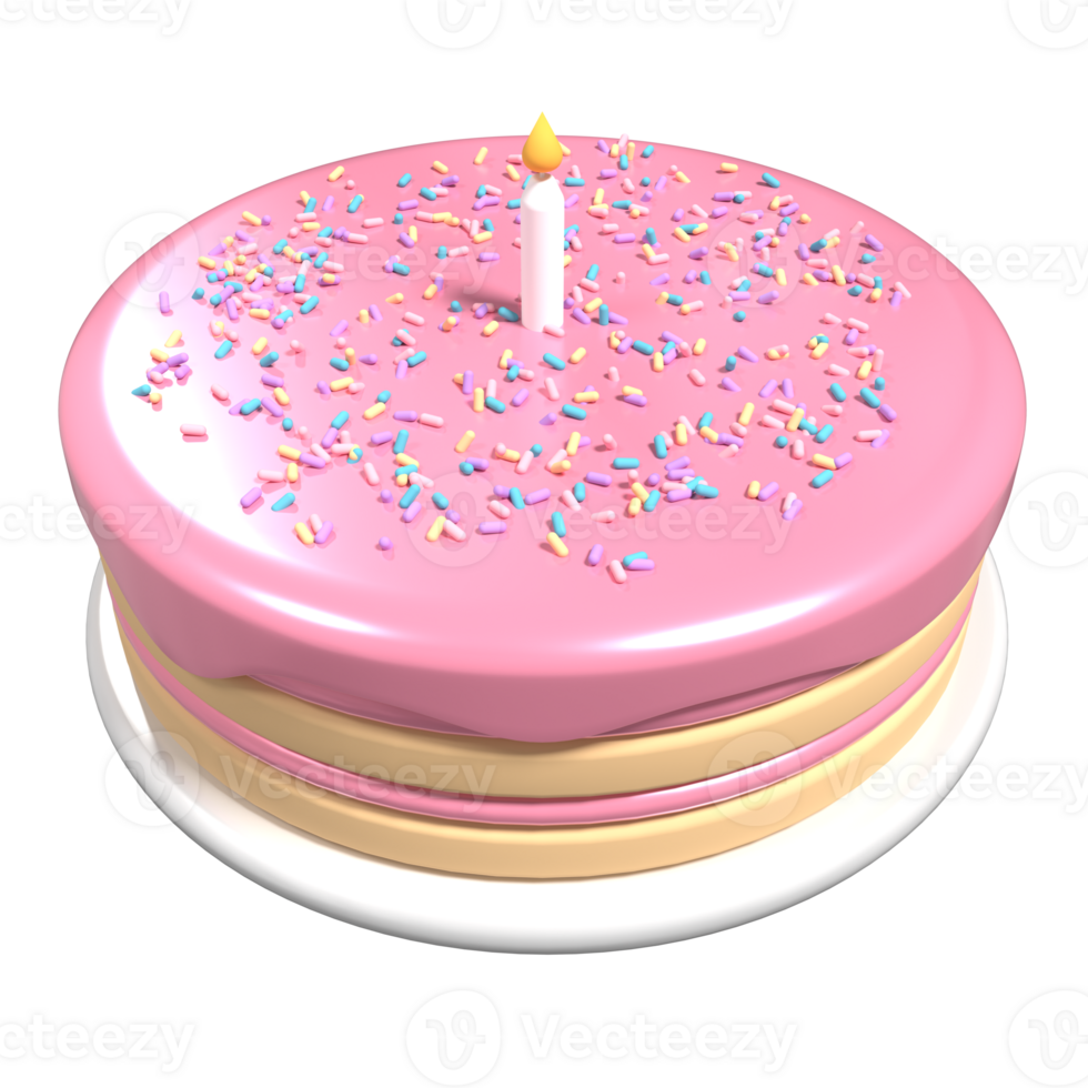 süß Geburtstag Kuchen 3d Wiedergabe. Geburtstag Kuchen mit Kerze. süß Rosa Kuchen mit Kerze und Sträusel. Rosa Kuchen und Stand png