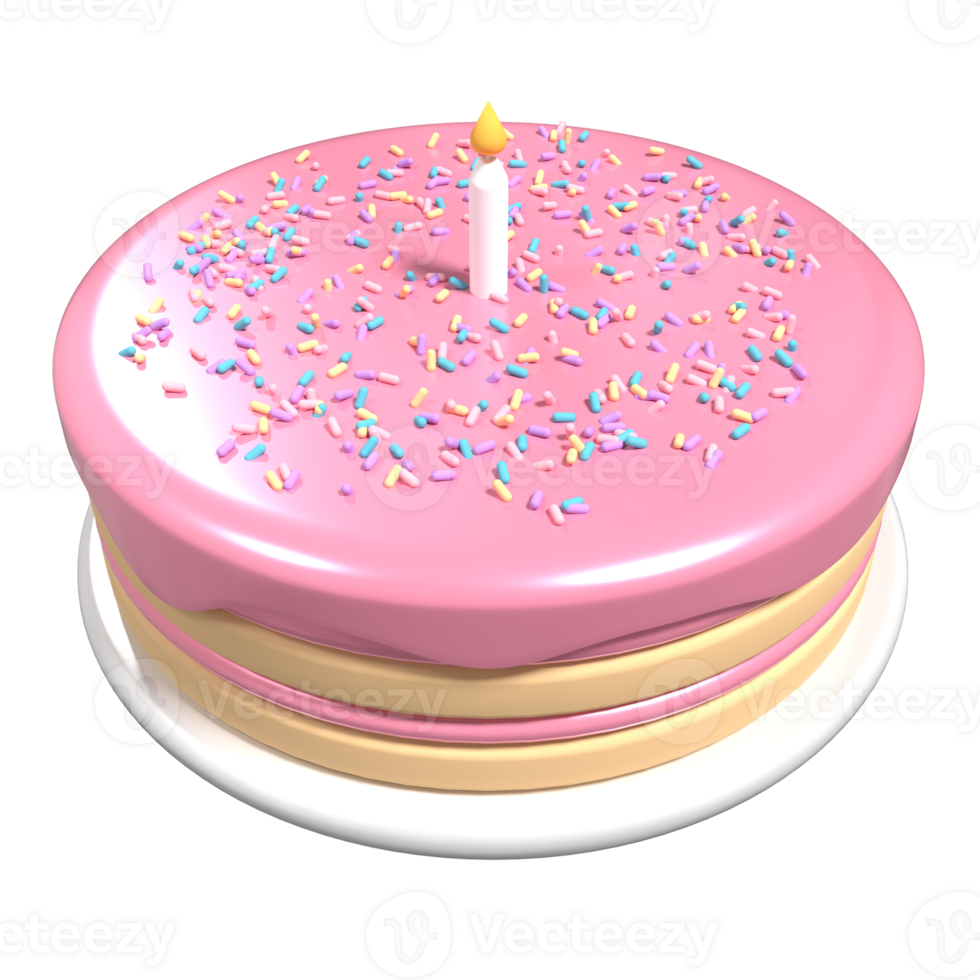 Cute birthday cake 3d rendering. Birthday cake with candle. Cute pink cake with candle and sprinkles. Pink cake and stand png