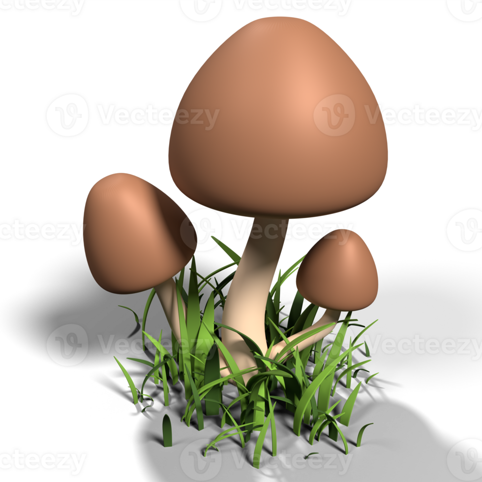 Mushroom and grass 3d render icon. 3D autumn mushroom. Mushroom and grass icon. Farm and agriculture icon. 3D rendering png