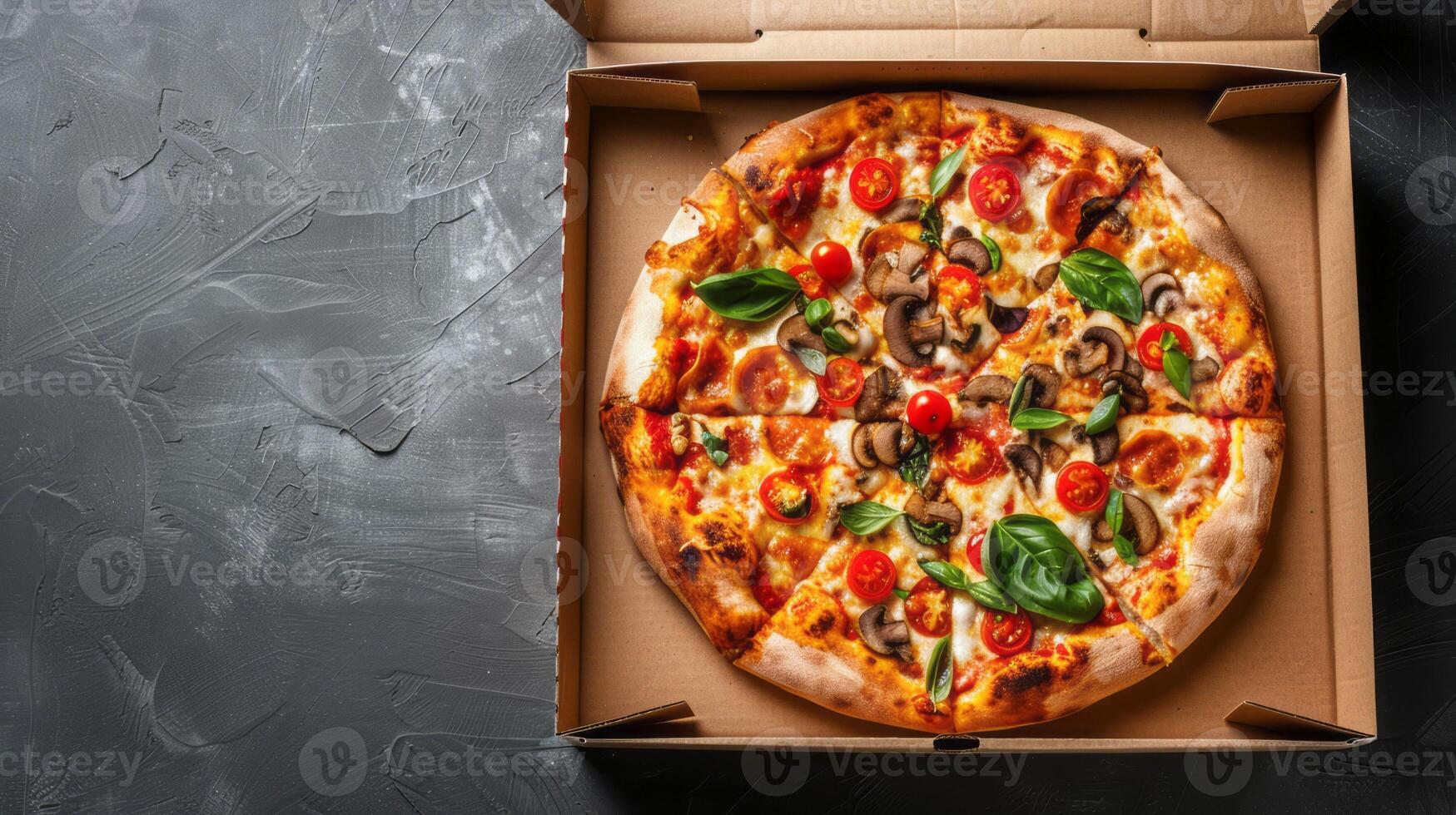 AI generated Tempting Pizza Delight. Freshly Presented in an Open Cardboard Box photo