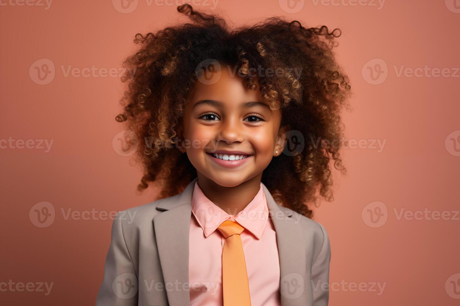 AI generated Joyful Black Girl in Peach Fuzz Suit on a Light Background photo