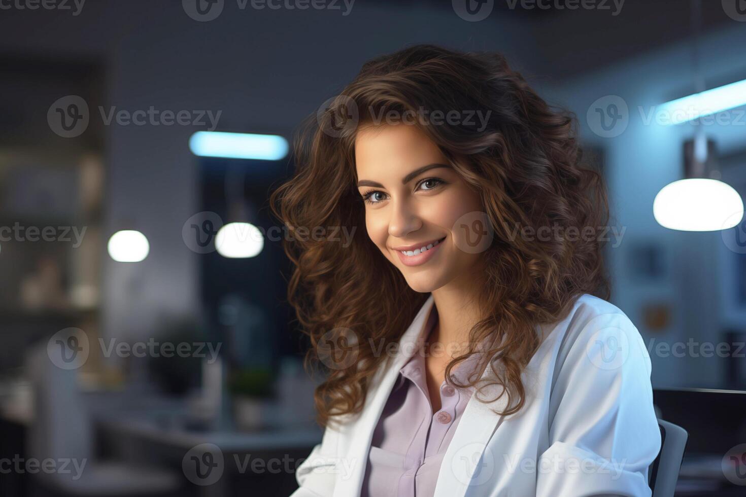 AI generated Professional Portrait on a Clinic Background. Confident and Compassionate Female Doctor photo