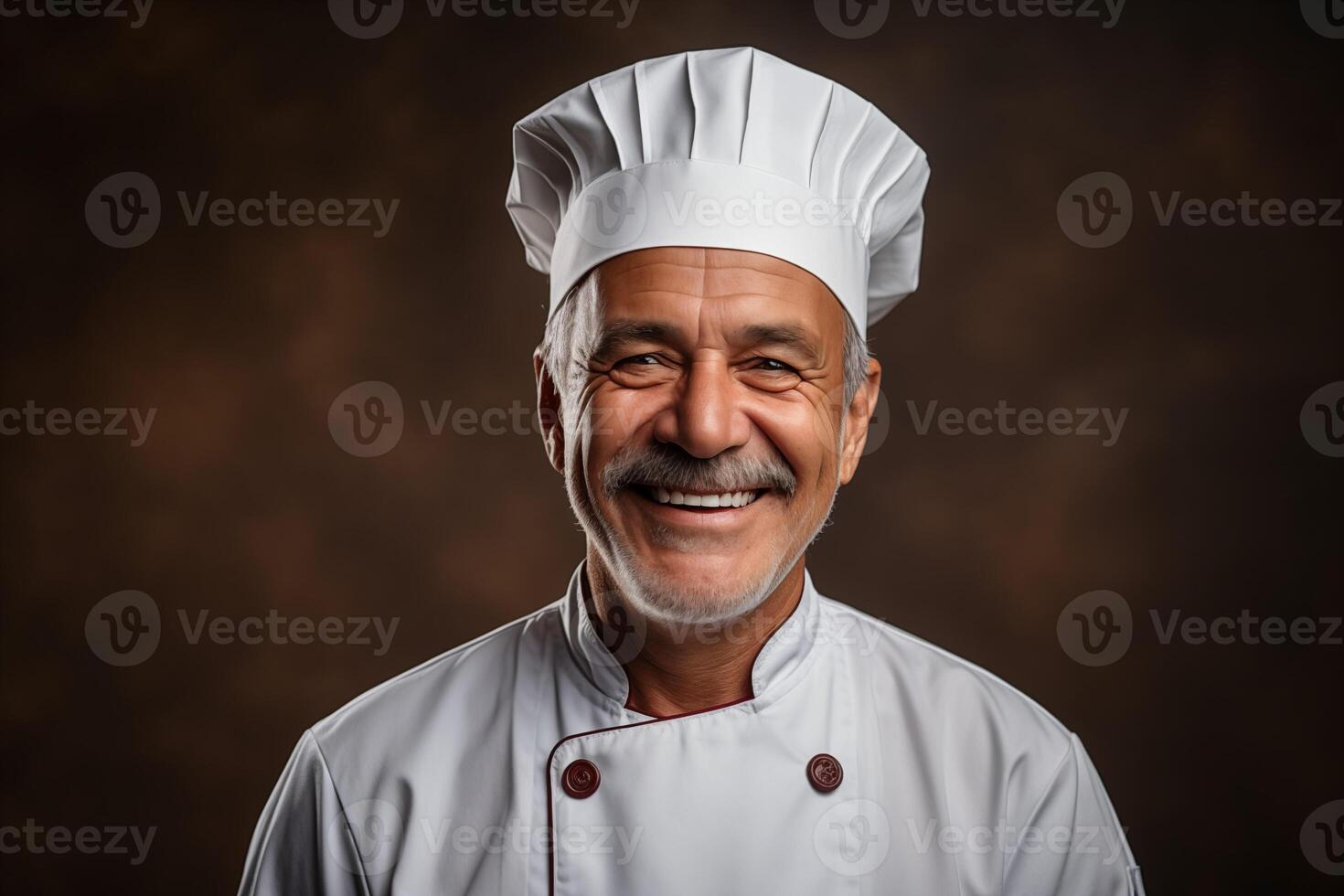 AI generated Chef Man in a White Uniform and Hat on a Studio Background photo