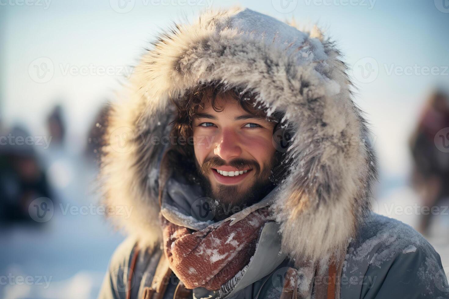AI generated Happy Man in a Stylish Fur Hood. Winter Elegance photo