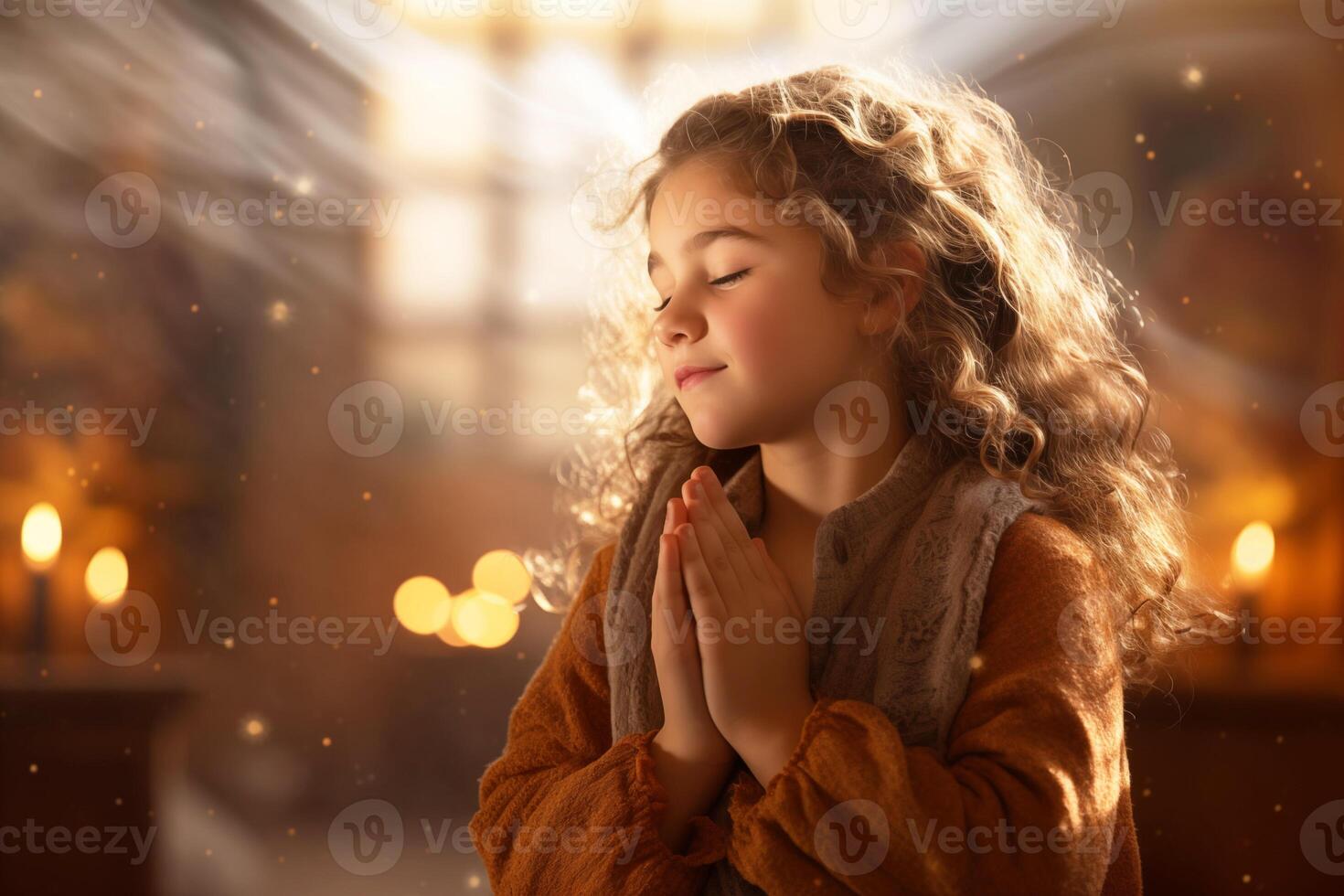 ai generado cristiano niña Orando en un Iglesia foto
