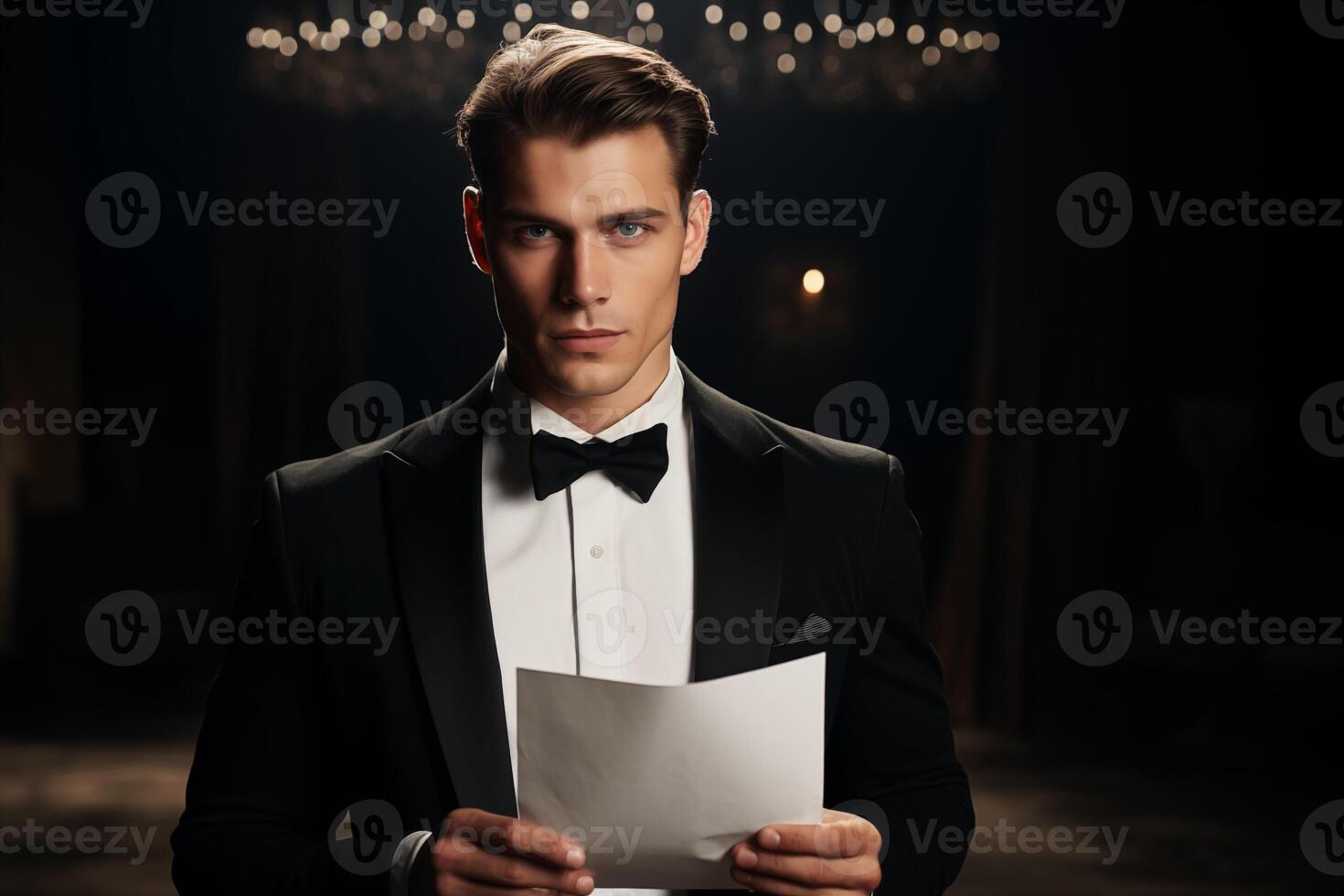 AI generated Male Actor with a Script in the Film Studio Background photo