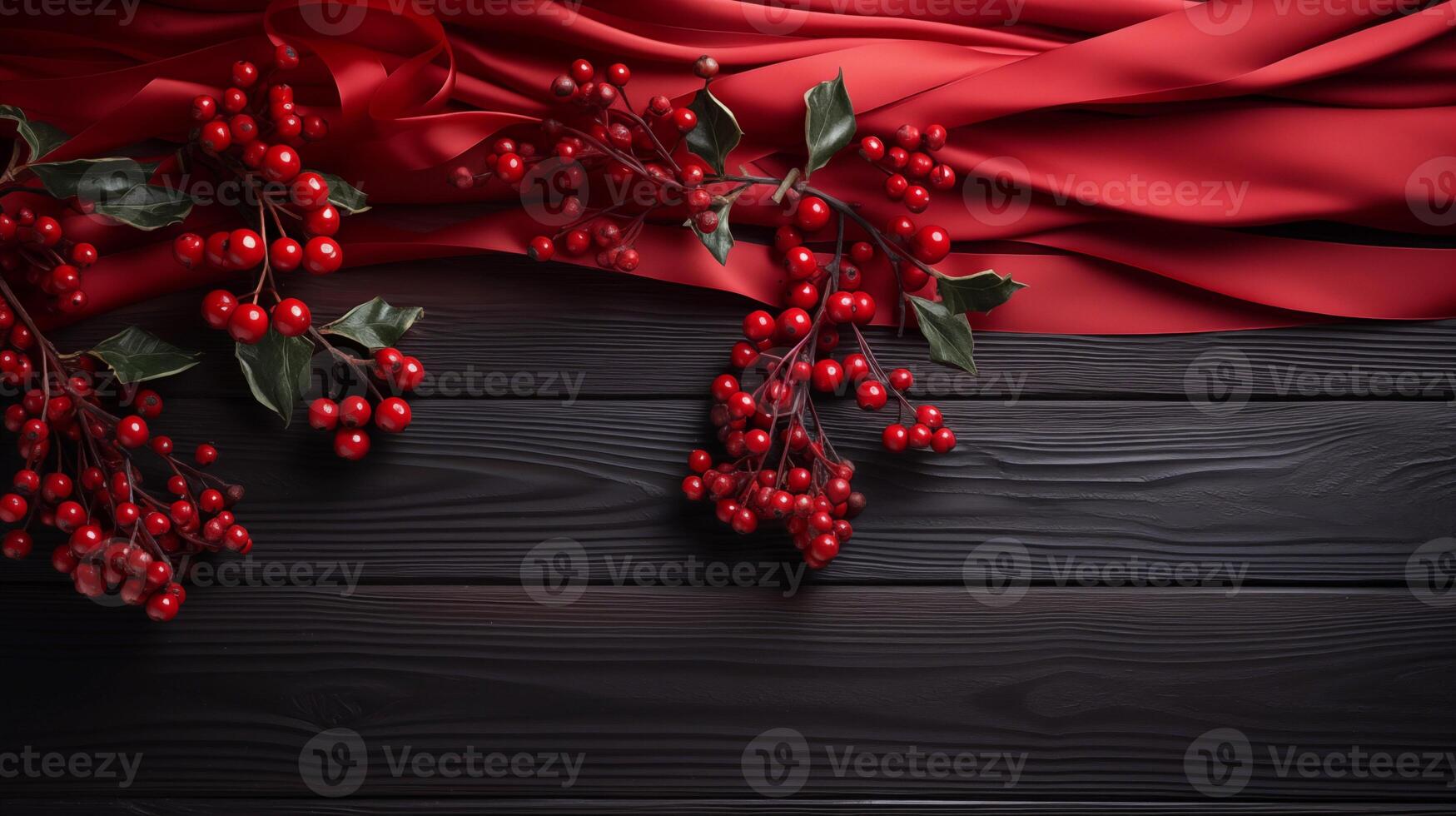 AI generated Christmas Ribbons and Holly Berries Arranged on a Red Background photo
