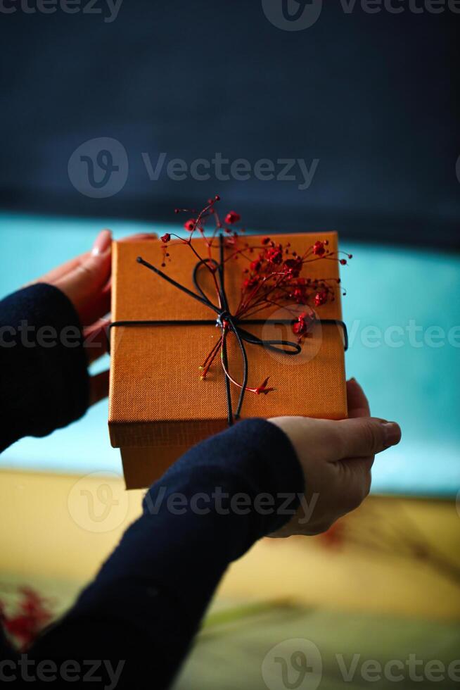 Person Holding Brown Box With Red Berries, Copy Space photo