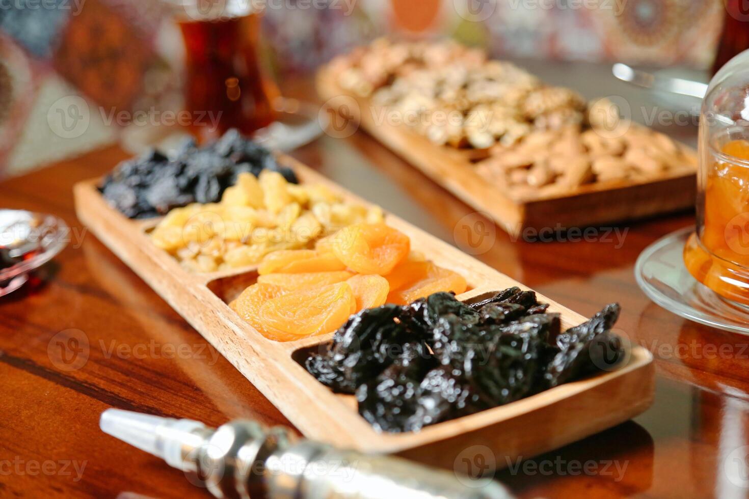 Assorted Food Display on Wooden Table photo