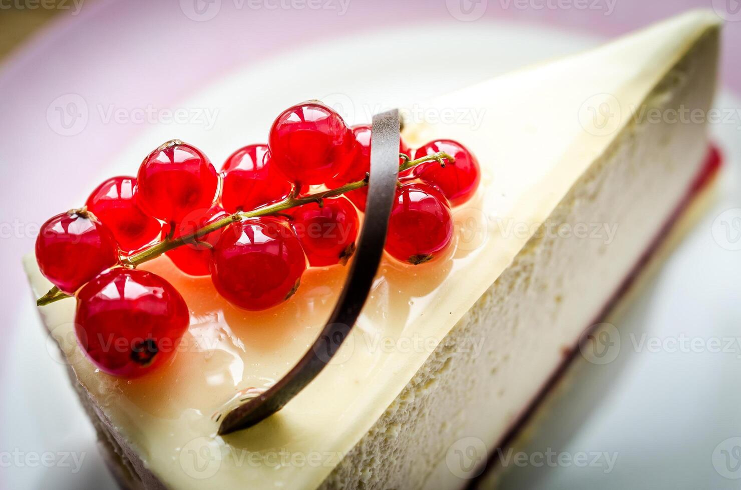Cheesecake with redcurrant closeup photo