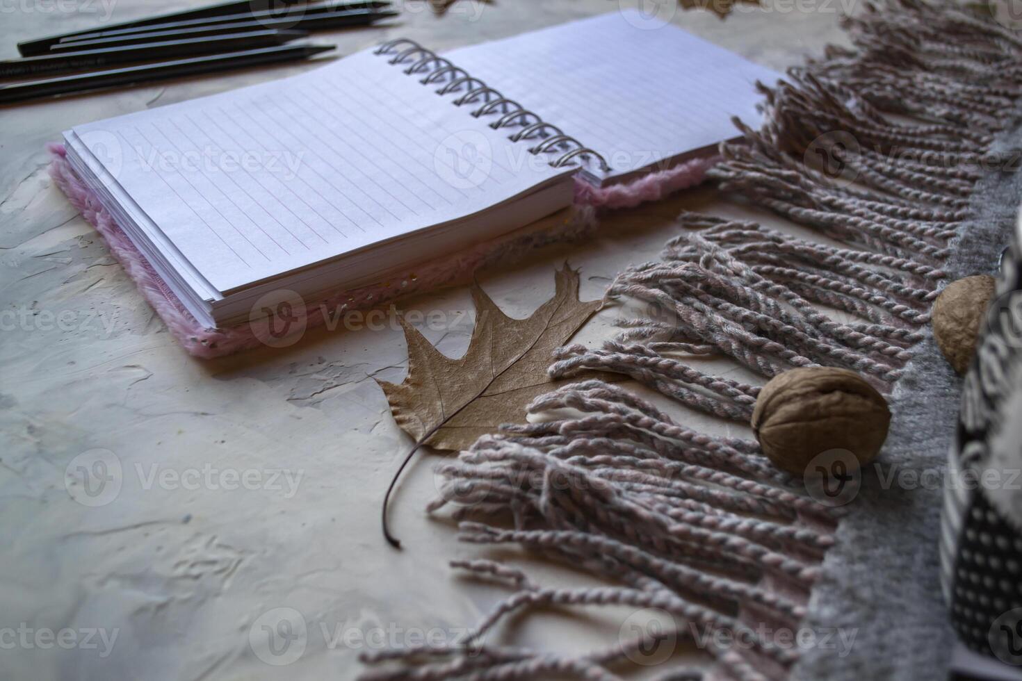 Vintage background with blank paper and pencils. photo