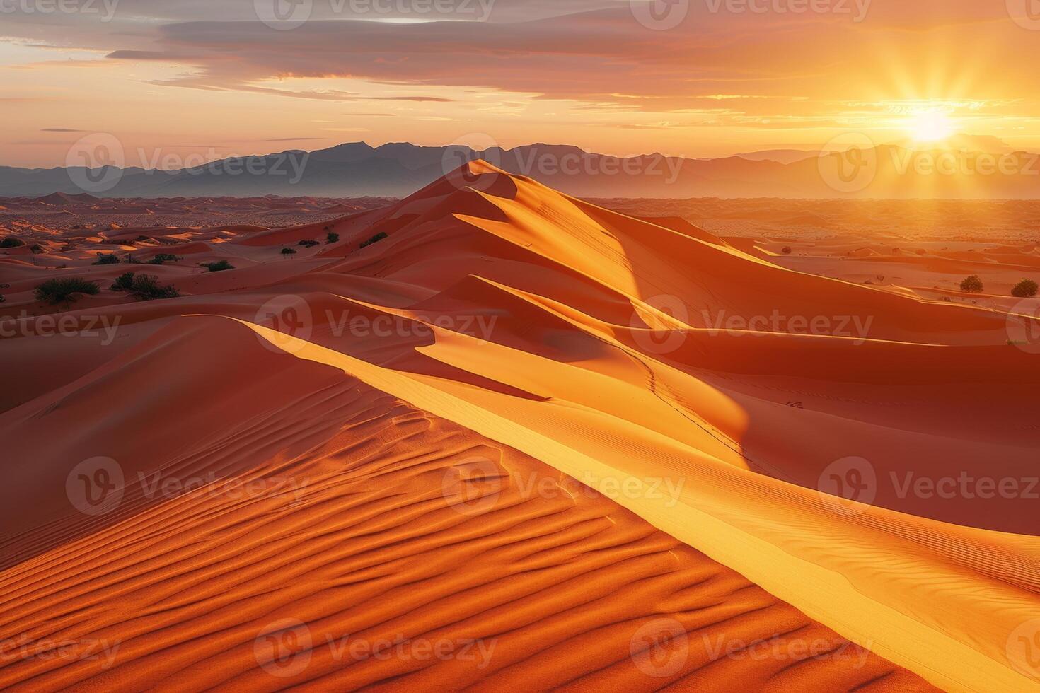 AI generated The golden hues of sunset cast over the smooth undulating sand dunes of the Sahara Desert with distant mountains silhouetted against the sunny sky photo