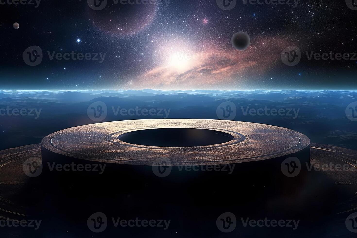 AI generated Cosmic gateway set on an alien world, with a majestic planet rising over the horizon, encapsulating the boundless possibilities of space exploration and interstellar travel photo