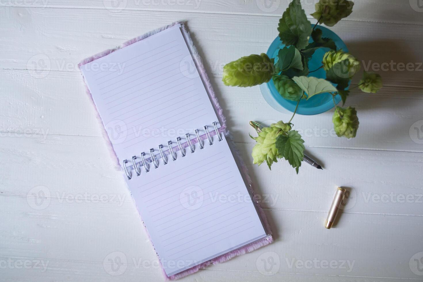 The opened notepad, pen, white candle, glasses and branches of hops as decoration on a white wooden table. Desktop still life with space for text. photo