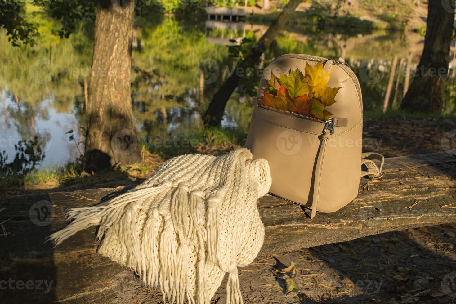 A bag with beautiful fallen leaves and knitted scarf. Autumn vibes. photo