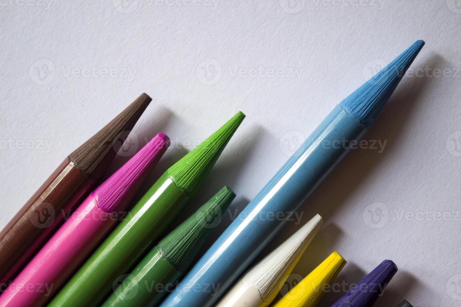 Multicolored pencils on white background. A palette of pencils on a table, close up. photo