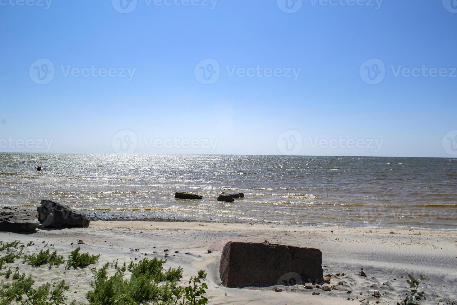 Seascape of Azov Sea. No one on the beach. Beautiful coast. photo