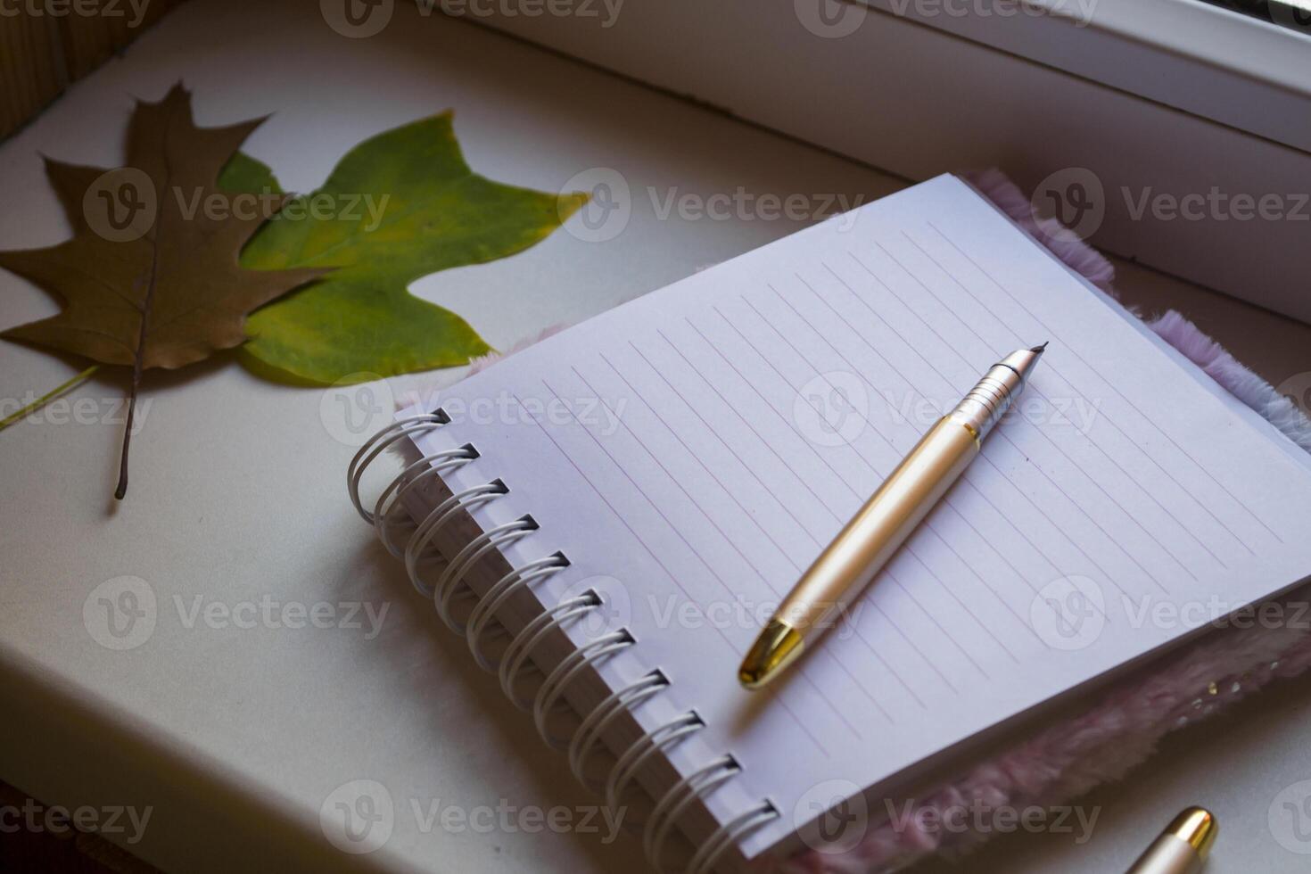 Opened notebook and pen on white table, close up. photo