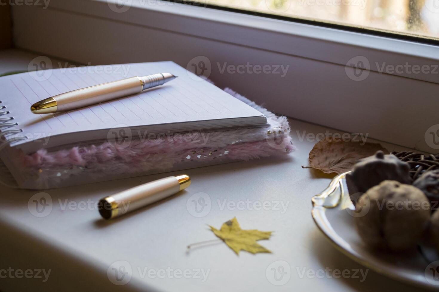 Opened notebook and pen on white table, close up. photo