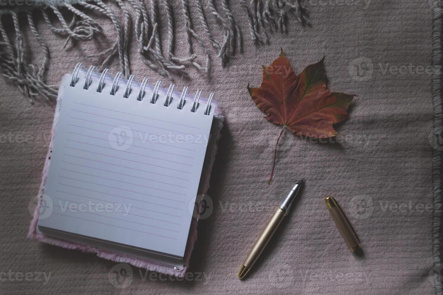 An opened notebook and pen on a desktop with decoration by fallen leaves. Atmospheric autumn background with copy space. photo