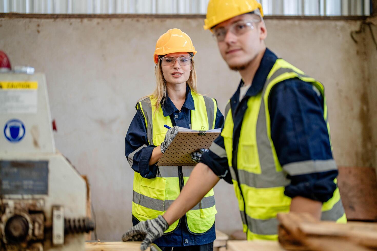 worker carpenters working in machines to cut wood timber. man and woman are crafting with wood in a workshop. two craftsmen or handymen working with carpenter tools or electric machines. photo