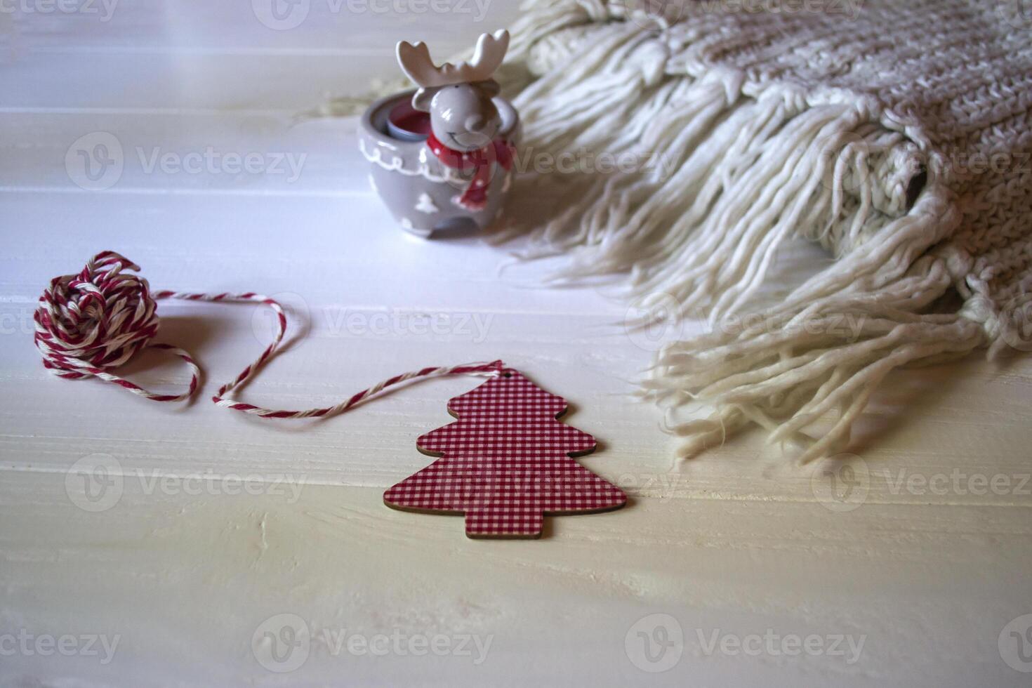 Candle and christmas decorations. Top view. Preparation for Christmas. photo