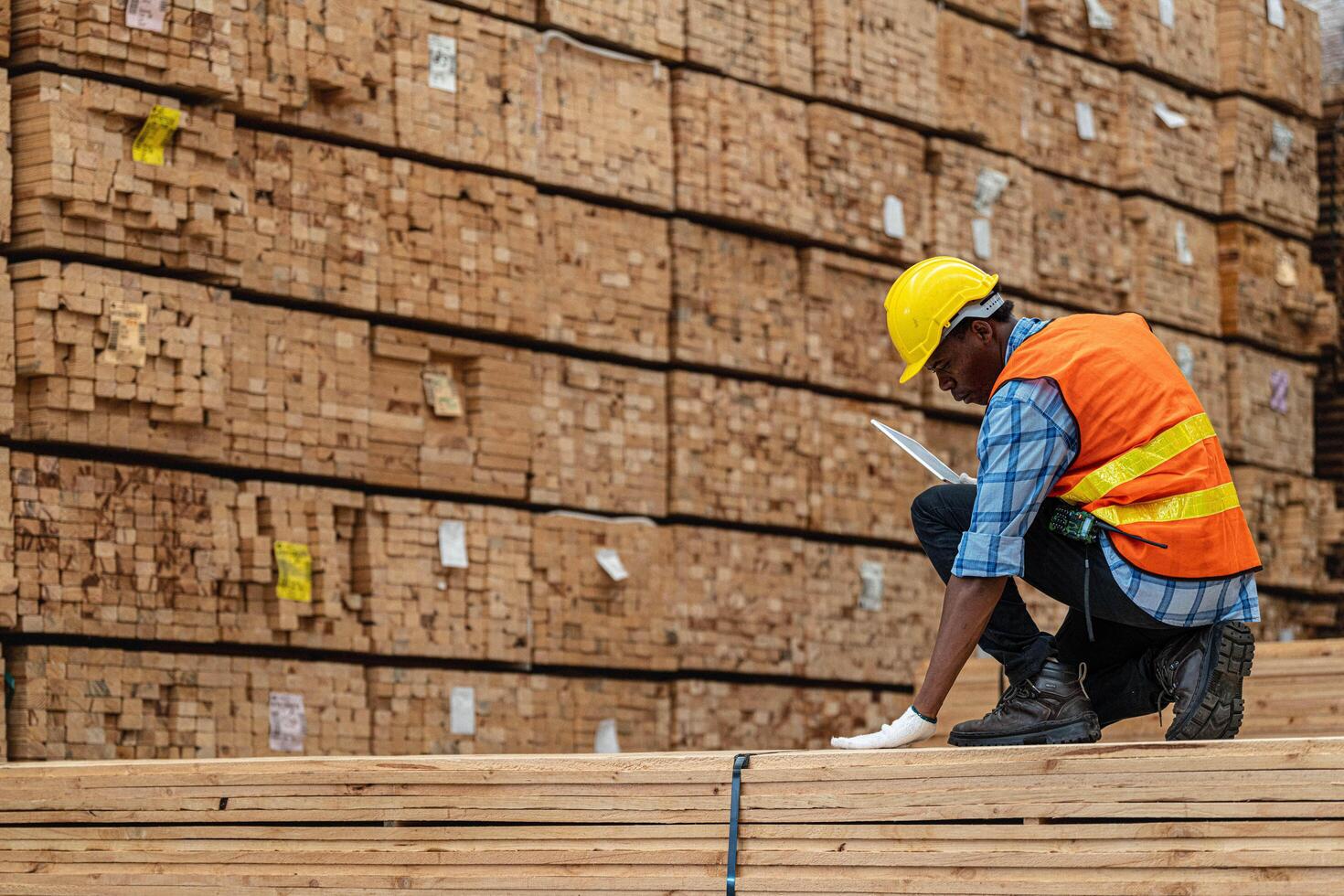 African workers man engineering walking and inspecting with working suite dress and hand glove in timber wood warehouse. Concept of smart industry worker operating. Wood factories produce wood palate. photo