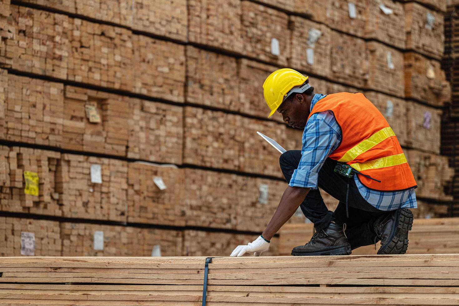 African workers man engineering walking and inspecting with working suite dress and hand glove in timber wood warehouse. Concept of smart industry worker operating. Wood factories produce wood palate. photo