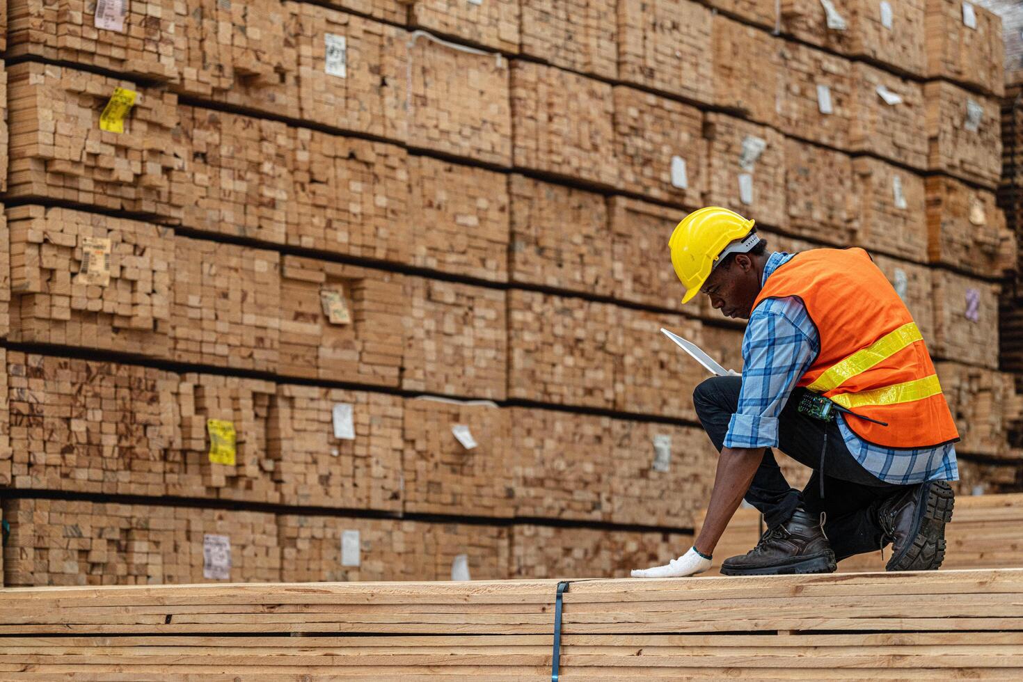 African workers man engineering walking and inspecting with working suite dress and hand glove in timber wood warehouse. Concept of smart industry worker operating. Wood factories produce wood palate. photo