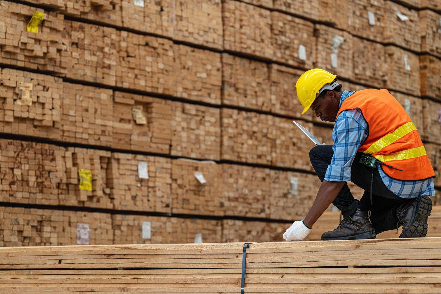 African workers man engineering walking and inspecting with working suite dress and hand glove in timber wood warehouse. Concept of smart industry worker operating. Wood factories produce wood palate. photo