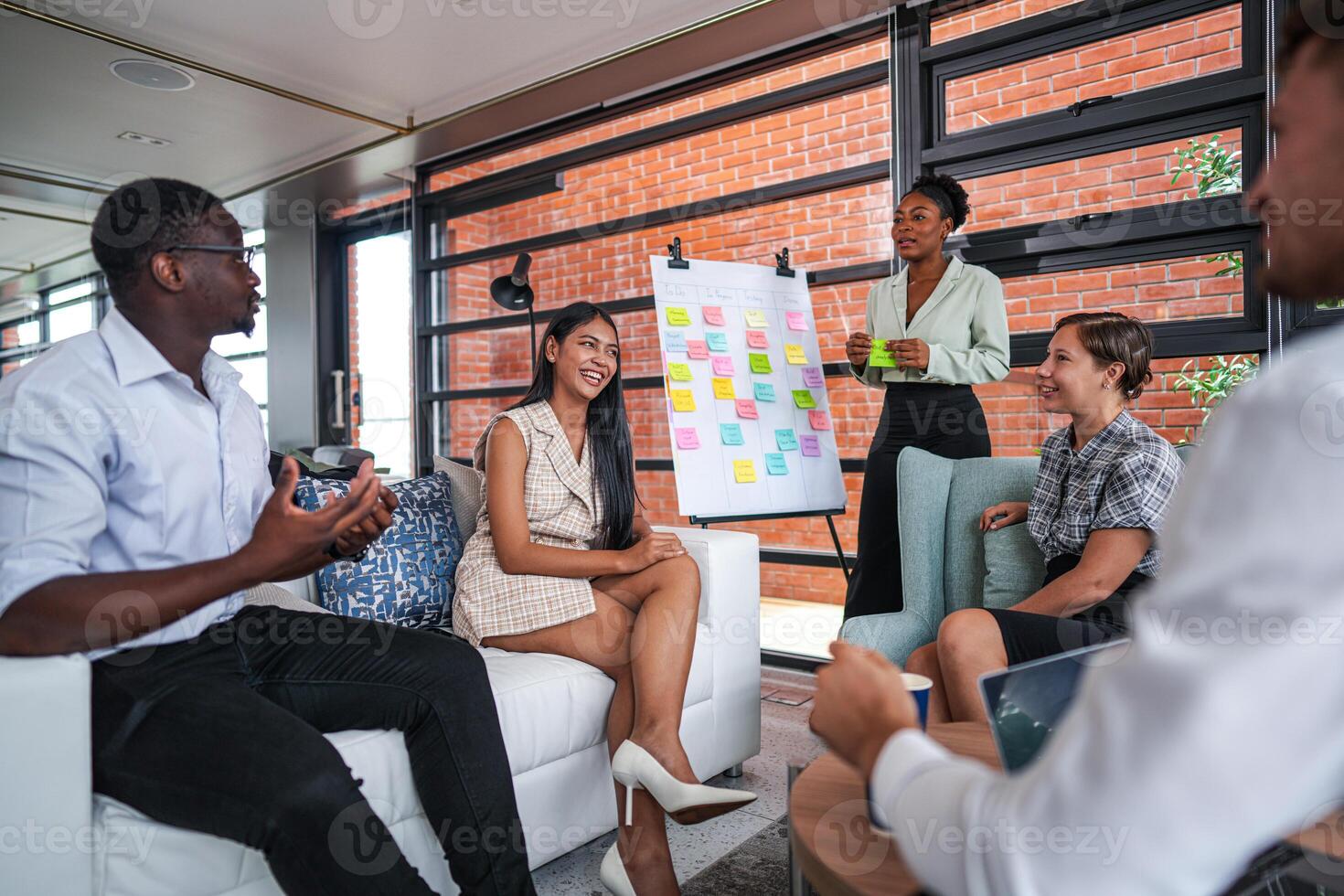 people talk and present the project. Relaxed informal business company meeting. Team leader brainstorming new approaches and ideas with colleagues. Startup business and entrepreneurship concept. photo