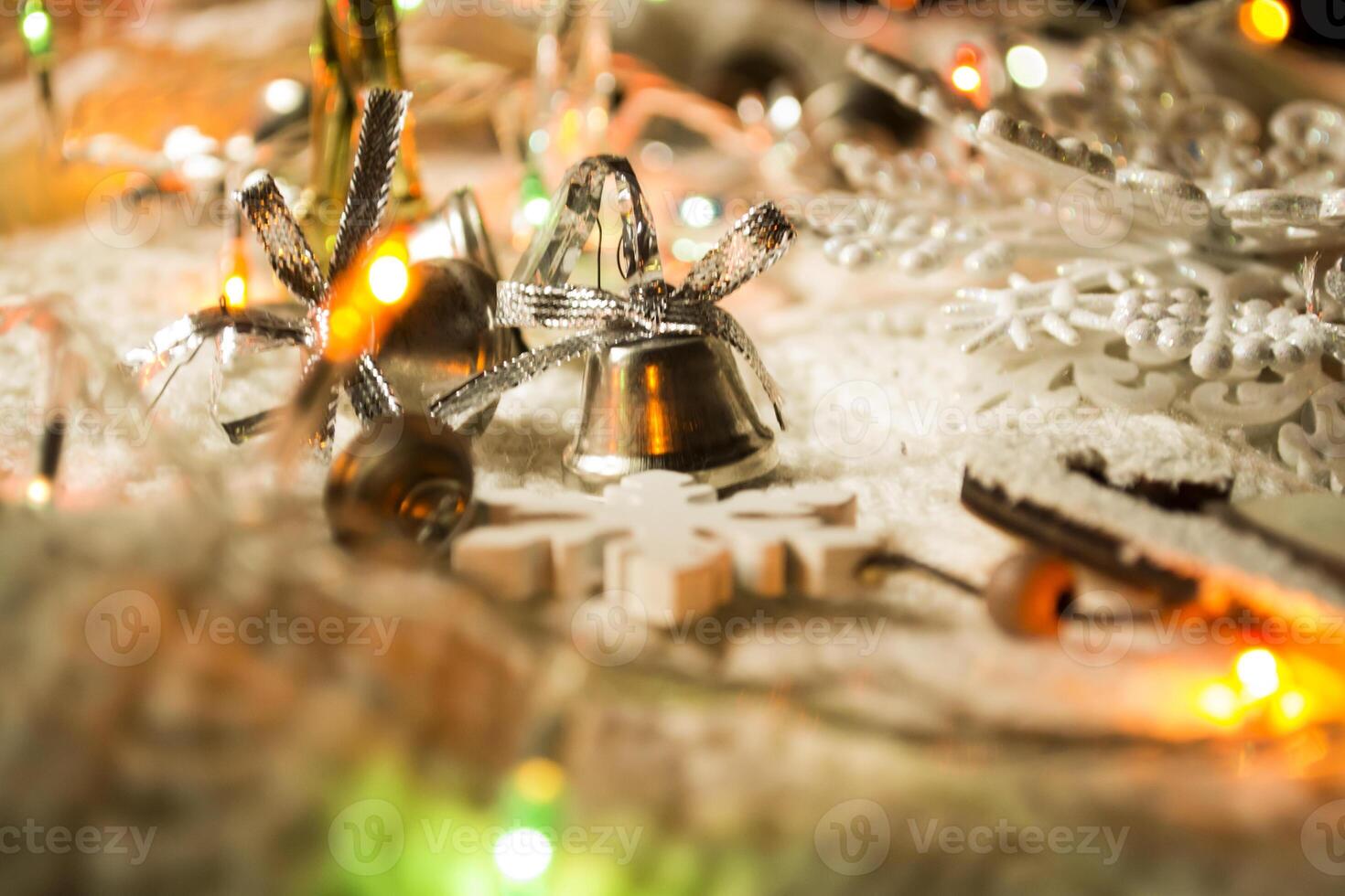 The glasses of champagne and christmas decoration. photo