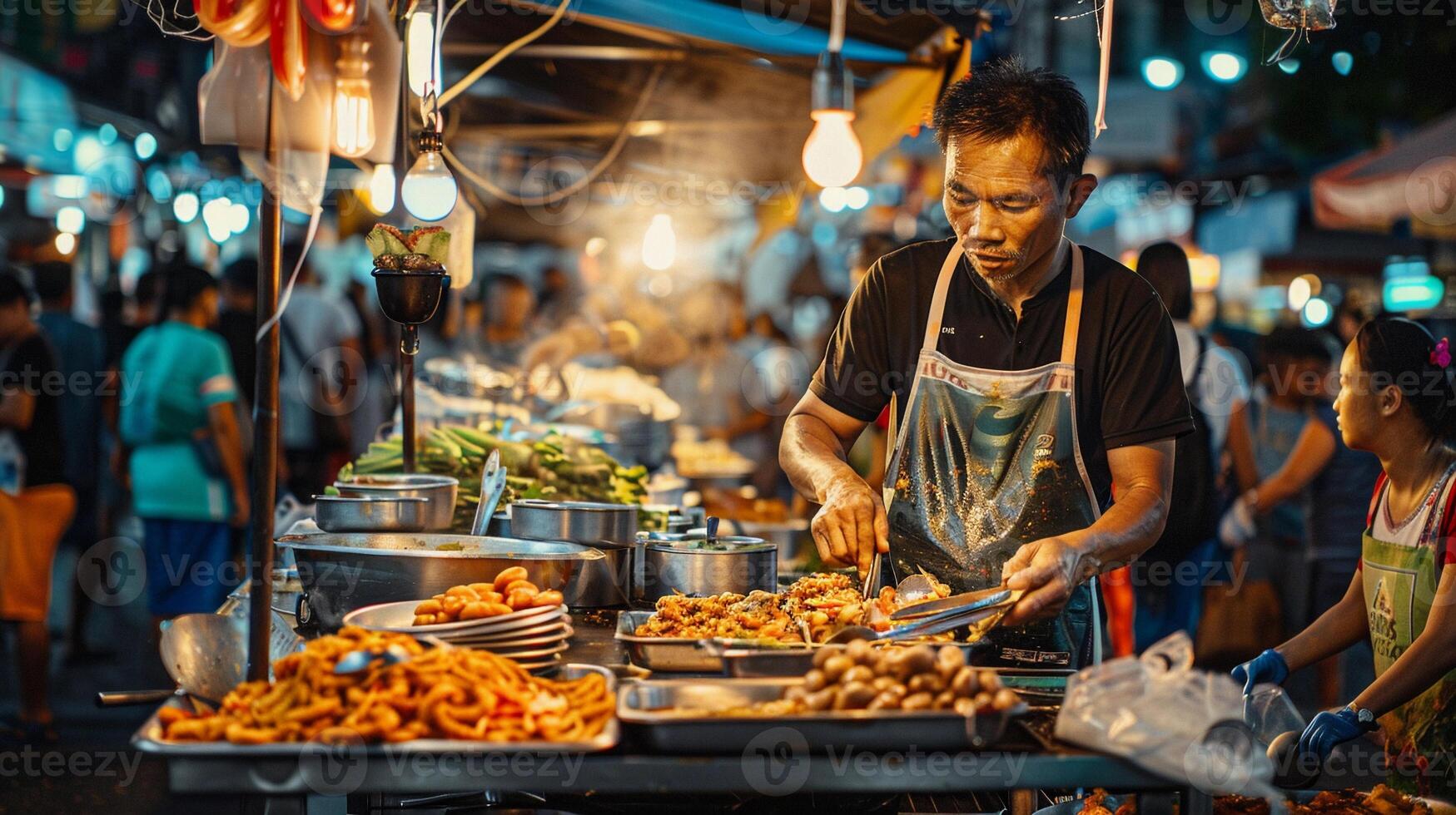 ai generado calle comida vendedor en el medio de un ocupado urbano ambiente, rodeado por multitudes de personas y vistoso comida establos, antecedentes imagen, generativo ai foto