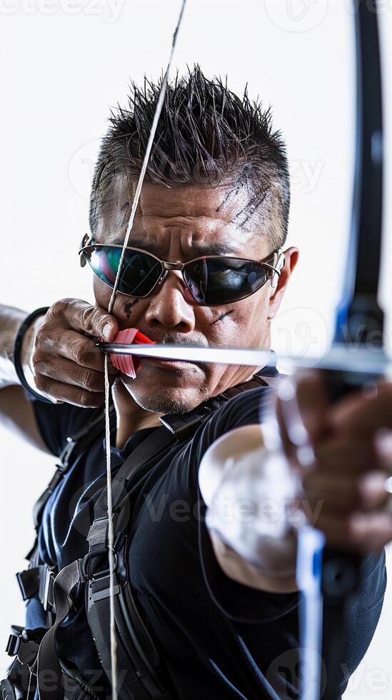 ai generado retrato de un masculino arquero vistiendo Gafas de sol en acción en un blanco fondo, antecedentes imagen, generativo ai foto