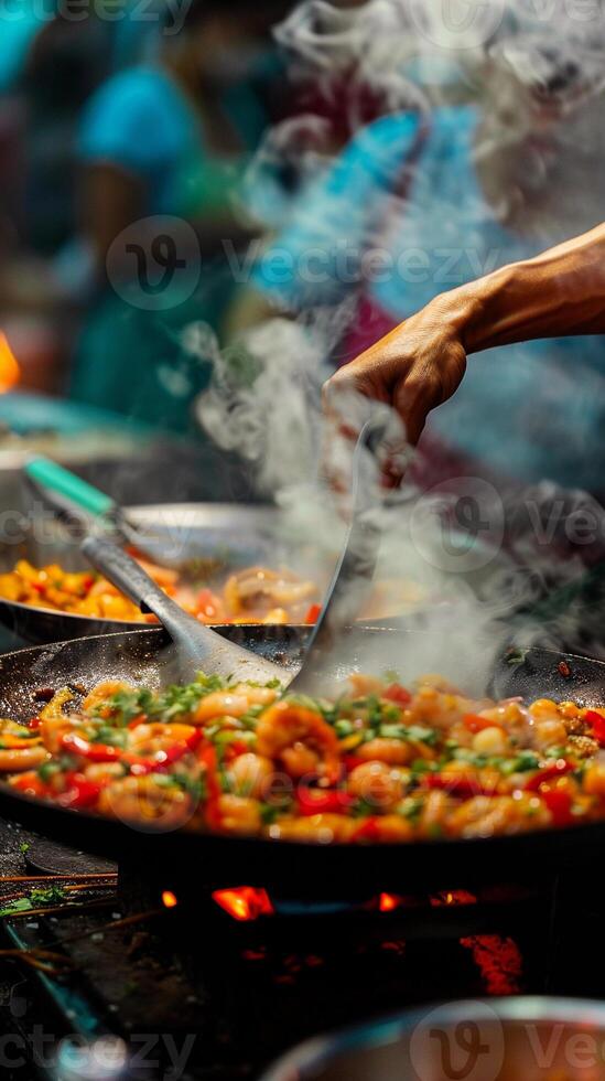 AI generated Culinary Creativity, creativity and innovation of the street food seller by showcasing their unique dishes and flavor combinations, background image, generative AI photo